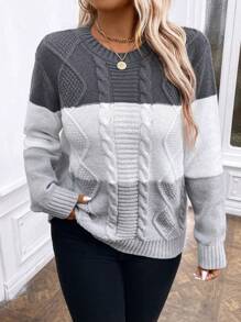 Suéter holgado casual de cuello redondo, manga larga y hombros caídos con bloques de color para mujeres de talla grande, otoño/invierno