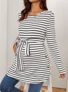 SHEIN Camiseta de lactancia casual de rayas para maternidad, primavera y otoño - Blanco - Ver 4