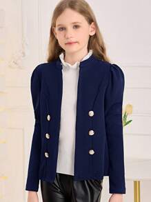 SHEIN Tween Girl Open Front Elegant Bishop Sleeve Jacket,In Fall/Winter - Navy Blue - View 3