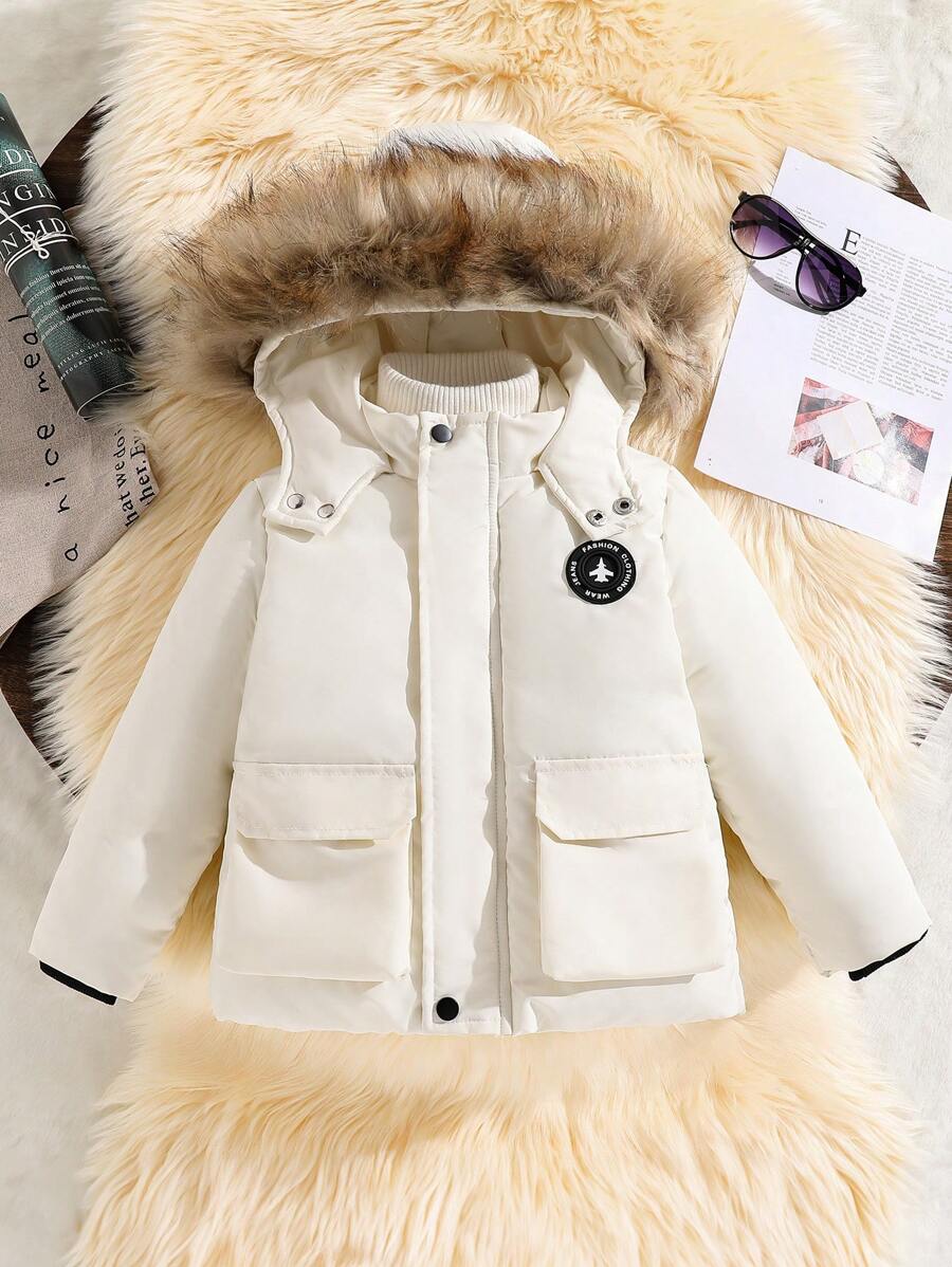 Young Boy Fashion Zip-Up Hooded Padded Coat With Fur Collar