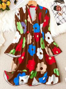 Chiquease 女士休闲花卉印花镂空领口连衣裙、度假装 - 棕色 - 查看 6