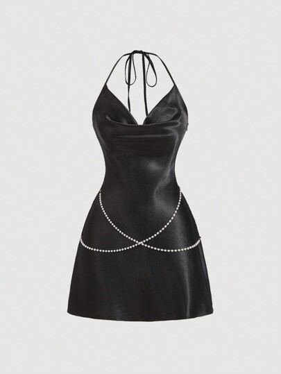 SHEIN MOD Black Draped Neck Tie Waist Satin Slip Dress, For Date