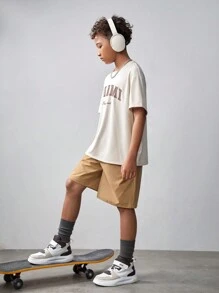 SHEIN Tween Boy Knitted Letter Printed Drop Shoulder Short Sleeve T-Shirt With Slanted Pockets And Drawstring Shorts Set - Camel - View 6