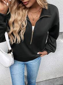 SHEIN LUNE Fall/Winter Women Zip Sweatshirt  Casual Loose ,Black Football Sweatshirt