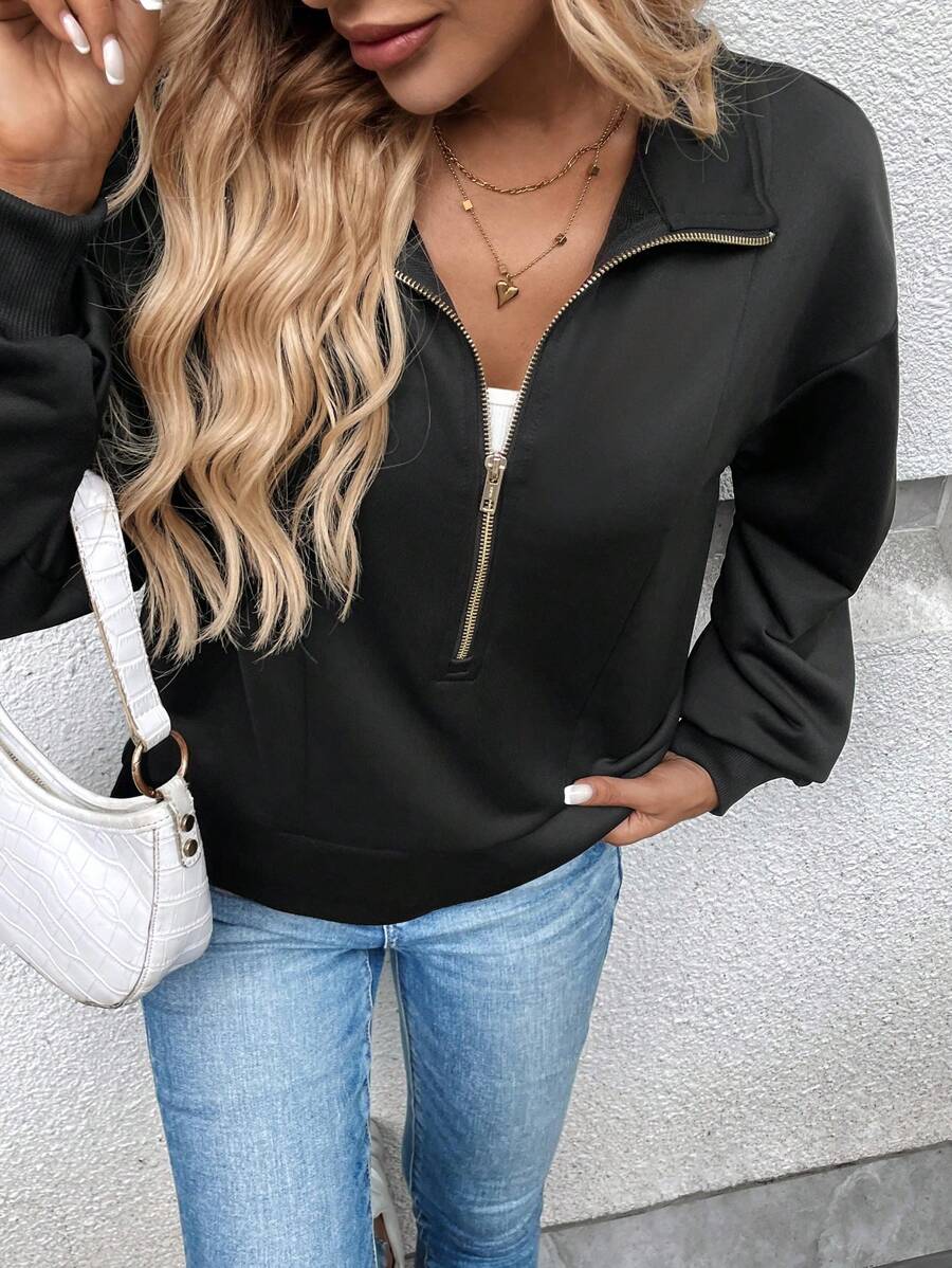 SHEIN LUNE Fall/Winter Women Zip Sweatshirt  Casual Loose ,Black Football Sweatshirt