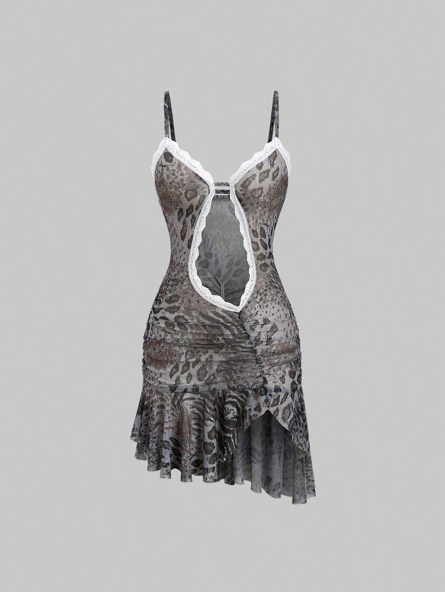 SHEIN Unity 细肩带蕾丝撞色镂空荷叶边下摆短款休闲连衣裙 - 灰色 - 查看 1