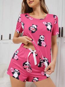 1 件熊猫与甜甜圈印花圆领女士睡衣套装 - 玫紅色 - 查看 3