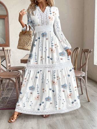 SHEIN VCAY Plus Size Casual Floral Print Lantern Sleeve Dress,Beach Dress Sundress,Holiday Outfits Boho