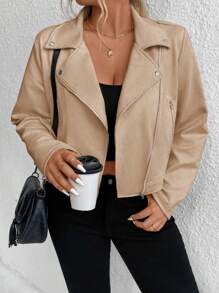 SHEIN LUNE Jachetă motociclistă cu fermoar și rever de mărime mare