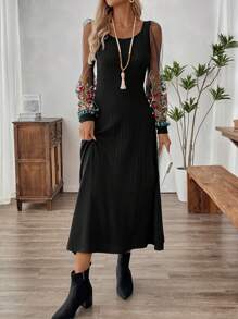 EMERY ROSE Rochie Midi Neagra De Dama Cu Broderie, Decolteu U Elegant, Maneci Lungi - Negru - Vizualizare 4