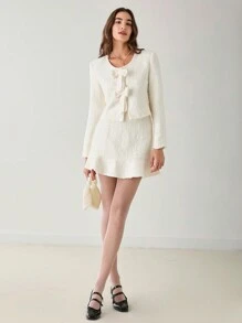 Enchnt 秋冬浪漫女士纯色蝴蝶结装饰长袖短款优雅杏色亮片粗花呢外套 - 白色 - 查看 10