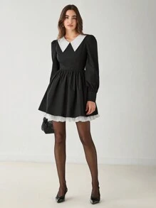 Enchnt Autumn Romantic Women Elegant Cute Contrast Color Block Puff Sleeve Black Retro Preppy Dress - Black - View 4