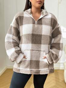 SHEIN EZwear 大码女式格子保暖内衬半拉链口袋休闲套头运动衫，适合秋冬季 - 彩色 - 查看 5
