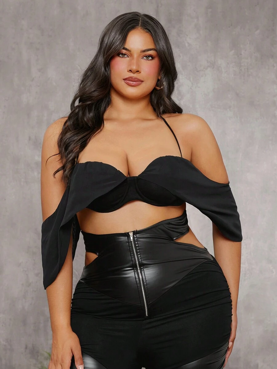 evoluSHEIN X Anitta VICTOR VON SCHWARZ Designer Plus Chiffon Drape Sleeve Bra Top, Holiday, Going Out, Festival - Black - View 1