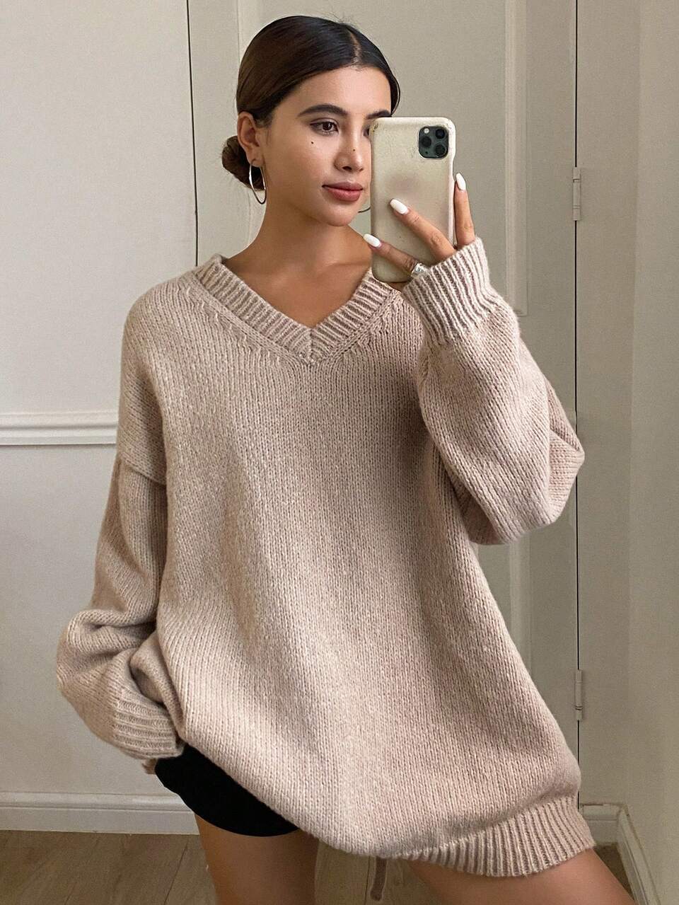 Women's Solid Color Loose Fit Long Sleeve V-Neck Tied Back Slit Sweater , Apricot Sweater,Fall Women Clothes
