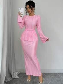 Rafferiza 2 件套女士纯色休闲长袖上衣和褶皱系带腰裙套装 - 粉色 - 查看 4