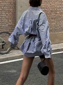 INAWLY 女式休闲条纹落肩宽松衬衫（配腰带），春/秋 - 藍色 - 查看 2