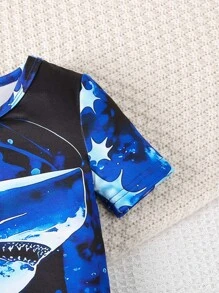 男童 2 件套夜光鲨鱼印花针织短袖上衣和短裤紧身睡衣 - 藍色 - 查看 4