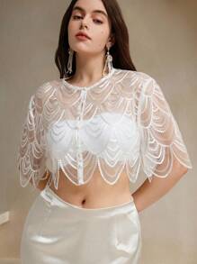 Anewsta 大码复古法式优雅亮片披肩，薄款短上衣 - 白色 - 查看 5