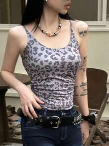 DAZY Áo hai dây cổ chữ V ôm sát có dây đeo có thể điều chỉnh dành cho nữ, họa tiết da báo - Màu Xám nhạt - Xem 6