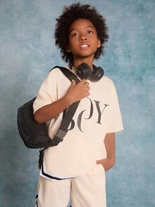 SHEIN Tween Boys' Knitted Solid Color Letter Printed Patchwork Woven Tape Short Sleeve T-Shirt And Shorts Set - Beige - View 5