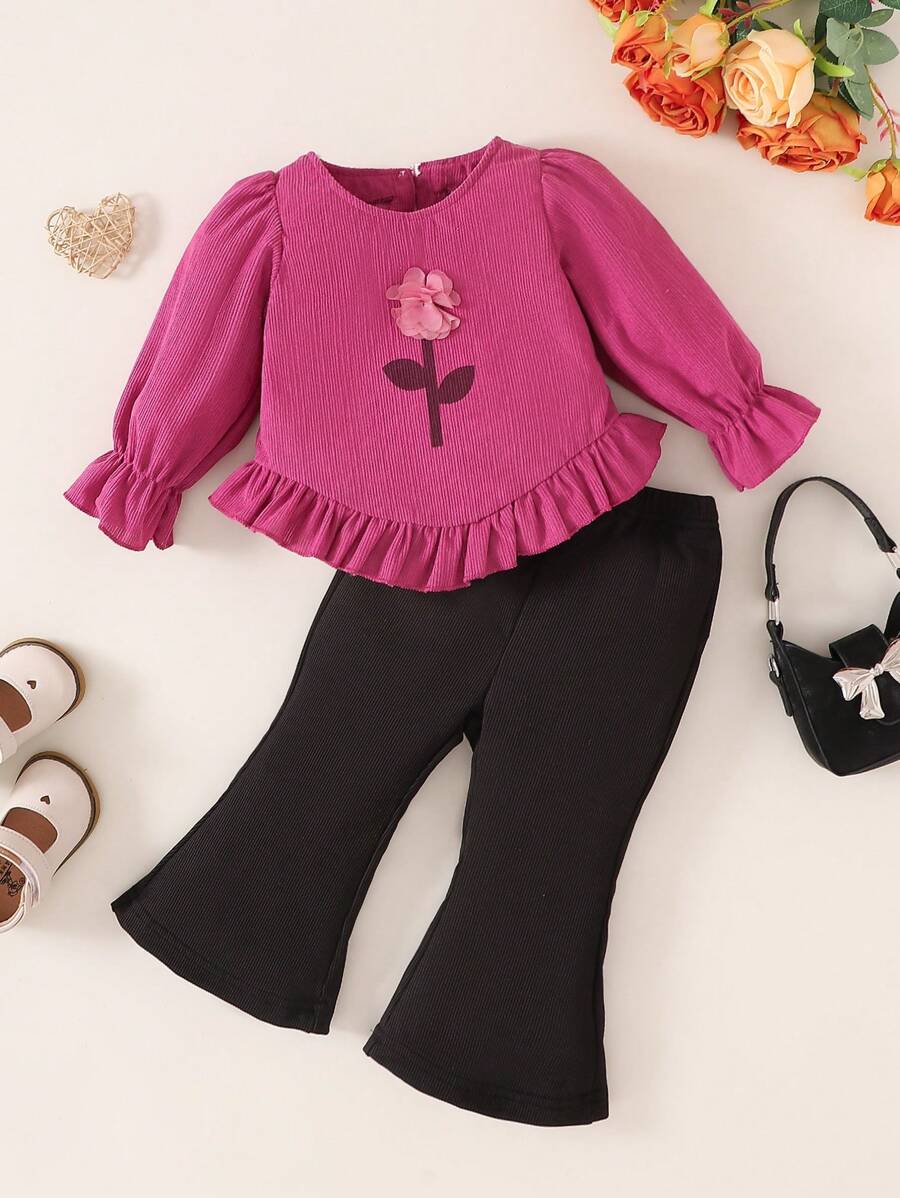 SHEIN Bộ đồ liền thân dài tay cổ tròn họa tiết hoa 3D cho bé gái - Màu Hồng Tươi - Xem 1