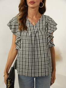 女士V領格紋印花夏季休閒短袖襯衫 - 彩色 - 查看 1