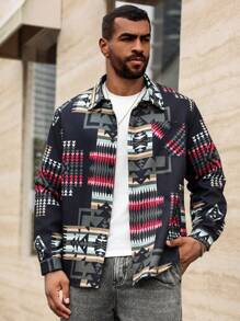 Manfinity Homme Men's Button-Up Long Sleeve Fashion Allover Print Casual Jacket