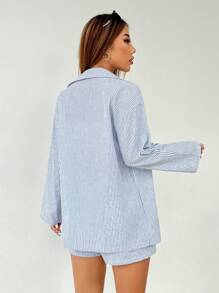 SHEIN PETITE Women's Fashion Vertical Striped Shirt Shorts Suit Commuting Simple Office Simple - Blue and White - View 4