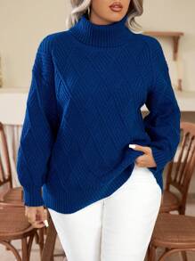 Elenzga Áo len dài tay cổ cao dáng tối giản, cỡ lớn, màu trơn, thích hợp mặc hàng ngày, áo len chui đầu mùa đông và mùa thu. - Màu xanh lam - Xem 6