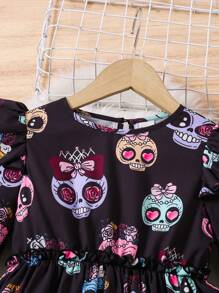 SHEIN Vestido de disfraz con estampado de calavera para niñas y niñas pequeñas, ropa de otoño para niñas, adecuado para uso en Halloween - Multicolor - Ver 7