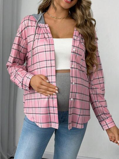 SHEIN Veste à capuche en patchwork à carreaux avec cordon de serrage pour femmes enceintes, pour le printemps et l'automne