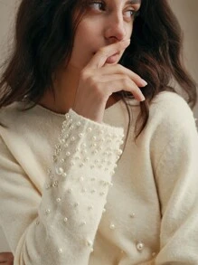 SHEIN X Jwoww Anewsta White Textured Pearl Knit Sweater Top And Mini Skirt Set - Apricot - View 3