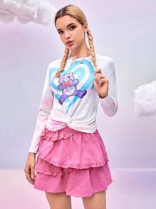 SHEIN X Care Bears 设计师 1 件女式卡通熊与心形印花落肩宽松长袖扭纹下摆 T 恤，节日、感恩节、节日 - 彩色 - 查看 7