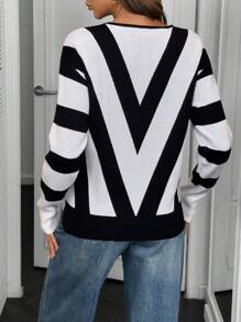 Chiquease Women's Hlaf Zip Crew Neck Striped Colorblock Sweater, Knit Pullover Fall Winter - Black and White - View 2