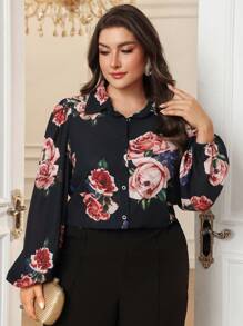 Modelyn 大码女式花卉印花灯笼袖宽松衬衫，春秋季 - 彩色 - 查看 4