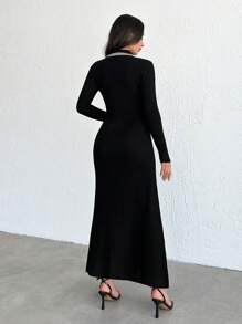 SHEIN Tall 女款拼色高領長袖金屬鈕扣裝飾修身優雅針織毛衣洋裝，秋冬款，適合高個女性 - 黑與白 - 查看 2