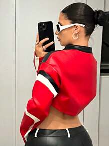 SHEIN ICON Y2k Fall Women Jackets Cropped Motorcycle Style Numeric Contrast Color Block PU Jacket - Multicolor - View 2