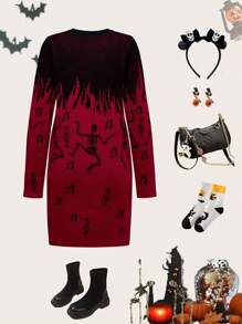 Teen Girl Autumn/Winter Fashion Red & Black Thick Casual Joyful Skeleton Pattern Knit Sweater Dress For Halloween, Suitable For Parties, Autumn Clothes - Multicolor - View 2