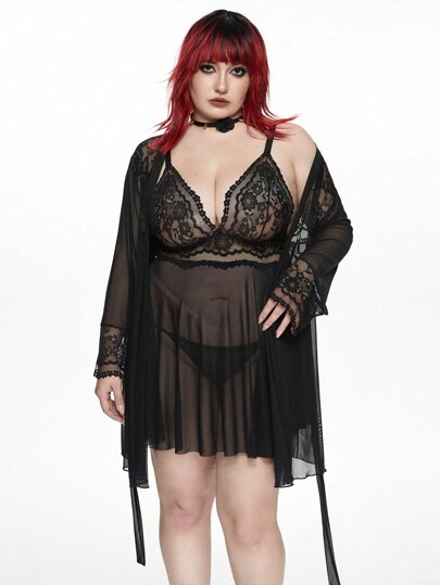 Goth Plus Size 3pcs Halloween Gothic Contrast Lace Mesh Sexy Lingerie Set