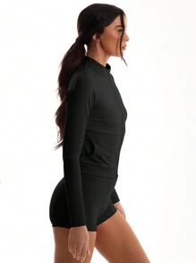 Musera Sport 女式纯色简约日常拉链长袖运动夹克，适合板网球、网球、泡菜球健身房健身 - 黑色 - 查看 3