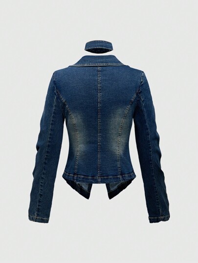 Grunge Punk Y2K Subculture Vintage Distressed Slim-Fit Ruched Denim Jacket For Women