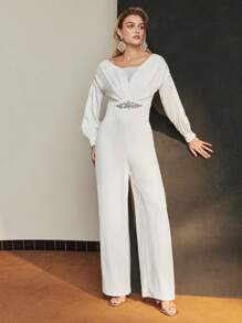 MOTF PREMIUM DROP SHOULDER OVERSIZE RHINESTONE WAIST JUMPSUIT - White - View 8
