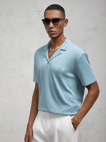 AKNOTIC Business Casual Chemise polo décontractée à col claudine, imprimé lettres, maille ajustée, été - Bleu ciel - Voir 5