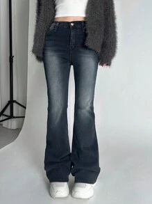 DAZY Quần Jeans Ống Loe Ôm, Có Túi Cài Nút Phía Trước, Giặt Sạch, Kiểu Dáng Cũ Cho Nữ - Rửa tối - Xem 7