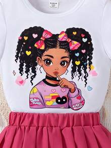 SHEIN Conjunto de 2 piezas de camiseta con estampado floral y falda plisada con estampado de corazón para niñas, verano - Blanco - Ver 4