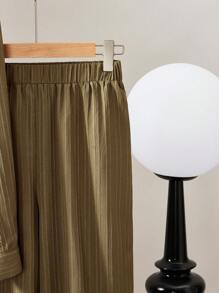 Mulvari 2件套女士纯色长袖纽扣衬衫和阔腿裤休闲套装 - 軍綠色 - 查看 6