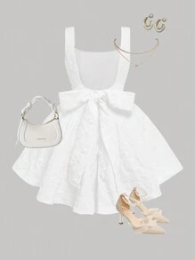 SHEIN Girlism 少女编织纯色提花露背可拆卸蝴蝶结优雅连衣裙 - 白色 - 查看 1