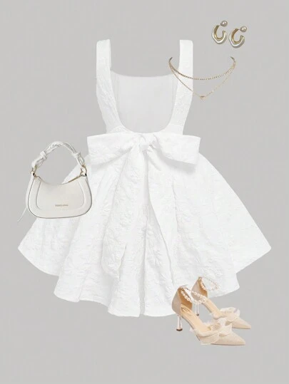 SHEIN Girlism Vestido elegante con parte posterior abierta, lazo desmontable y unicolor jacquard tejido para niña adolescente