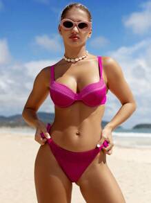 Swim Vcay Women's Solid Color Spaghetti Strap Bikini Top And Mesh Bottoms Bikini Set Summer - Hot Pink - View 5